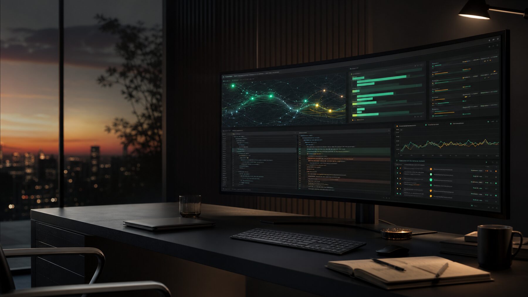 A premium SEO operations desk with rank movement, content, code, and competitor signals on an ultra-wide monitor.